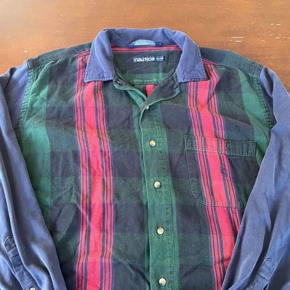 VTG Nautica Shirt Mens XL Blue Vertical Plaid Colorblock 90s Logo Twill - Picture 1 of 9